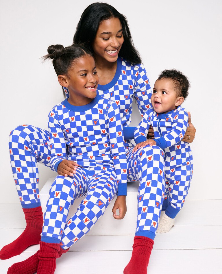 Women's Valentines Long John Pajama Top in Hearts on Cheerful Checkerboard - main