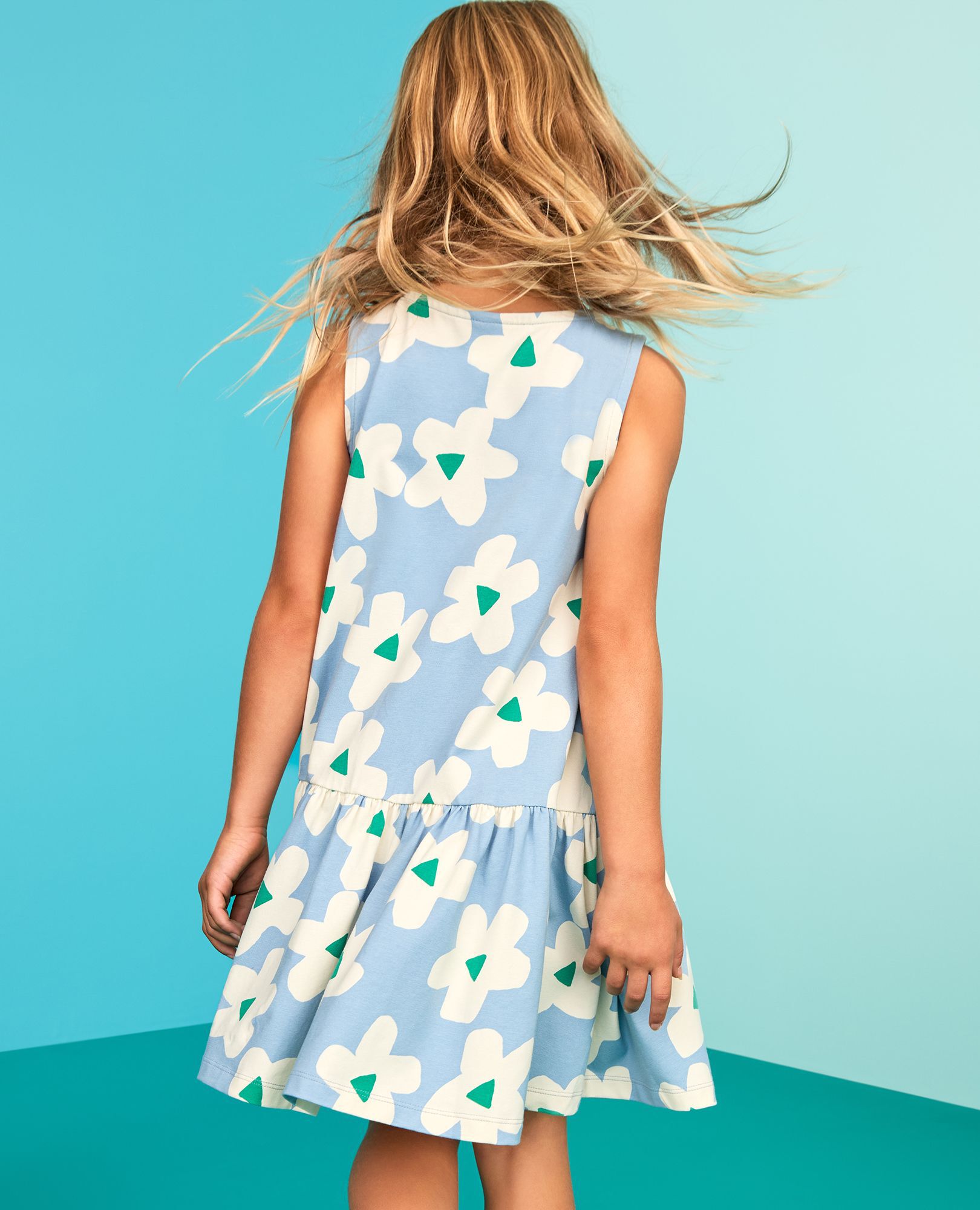 Sleeveless Drop Waist Peplum Dress in Ecru Flowers on Blue - main