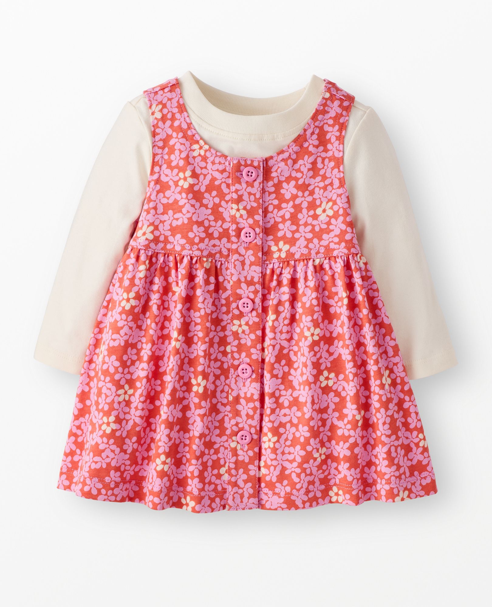 Baby Long Sleeve T-Shirt & Jumper Dress Set in Pink Flowers on Pink - main