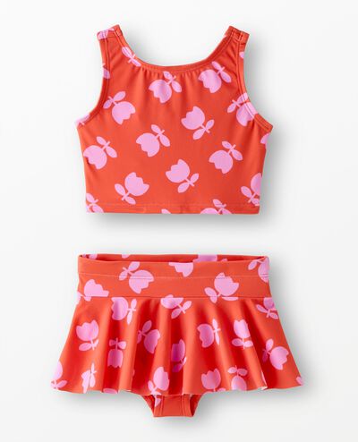 Two-Piece Bow Back Skirted Swimsuit in Tossed Tulips on Red - main