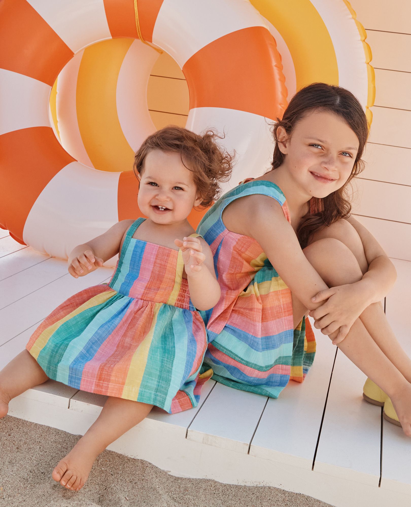 Baby Sleeveless Poplin Dress & Bloomers Set in Bright Rainbow Stripe - main