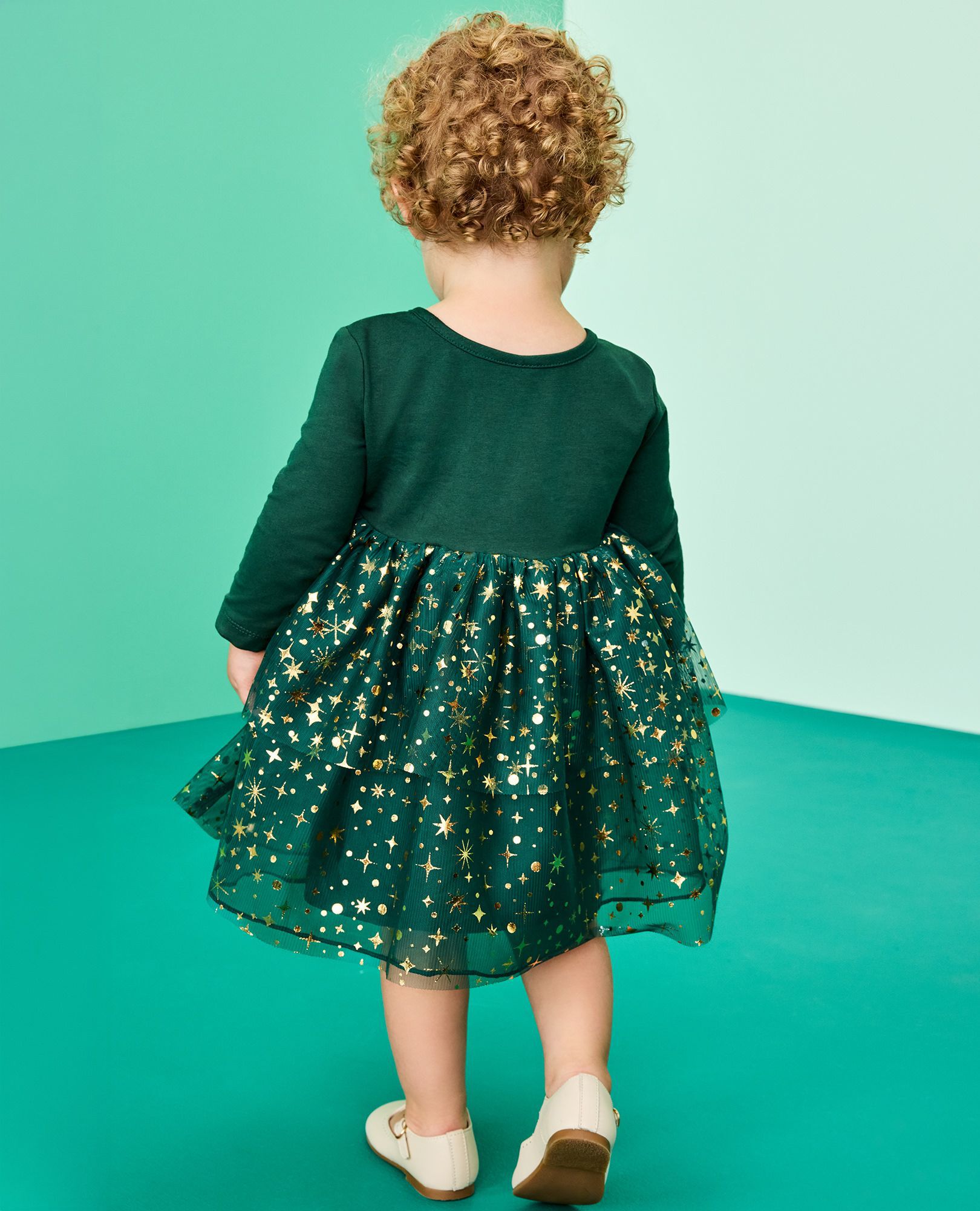 Baby Long Sleeve Tulle Shimmer Dress in Malachite - main