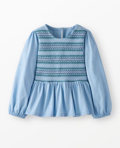 Long Sleeve Embroidered Smocked Peplum Top in Powder Blue - main
