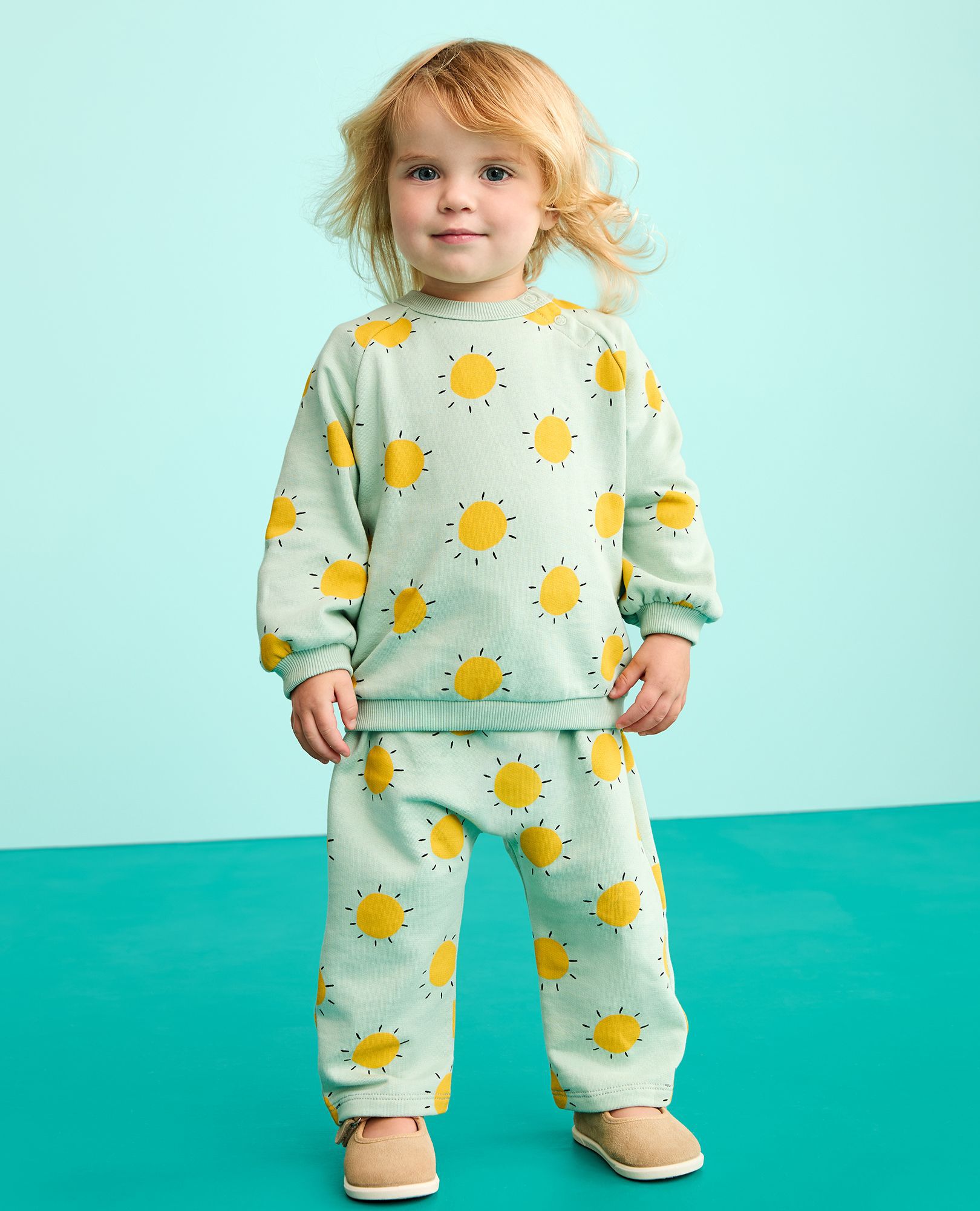 Baby French Terry Sweatshirt & Sweatpants Set in Springtime Suns on Blue - main
