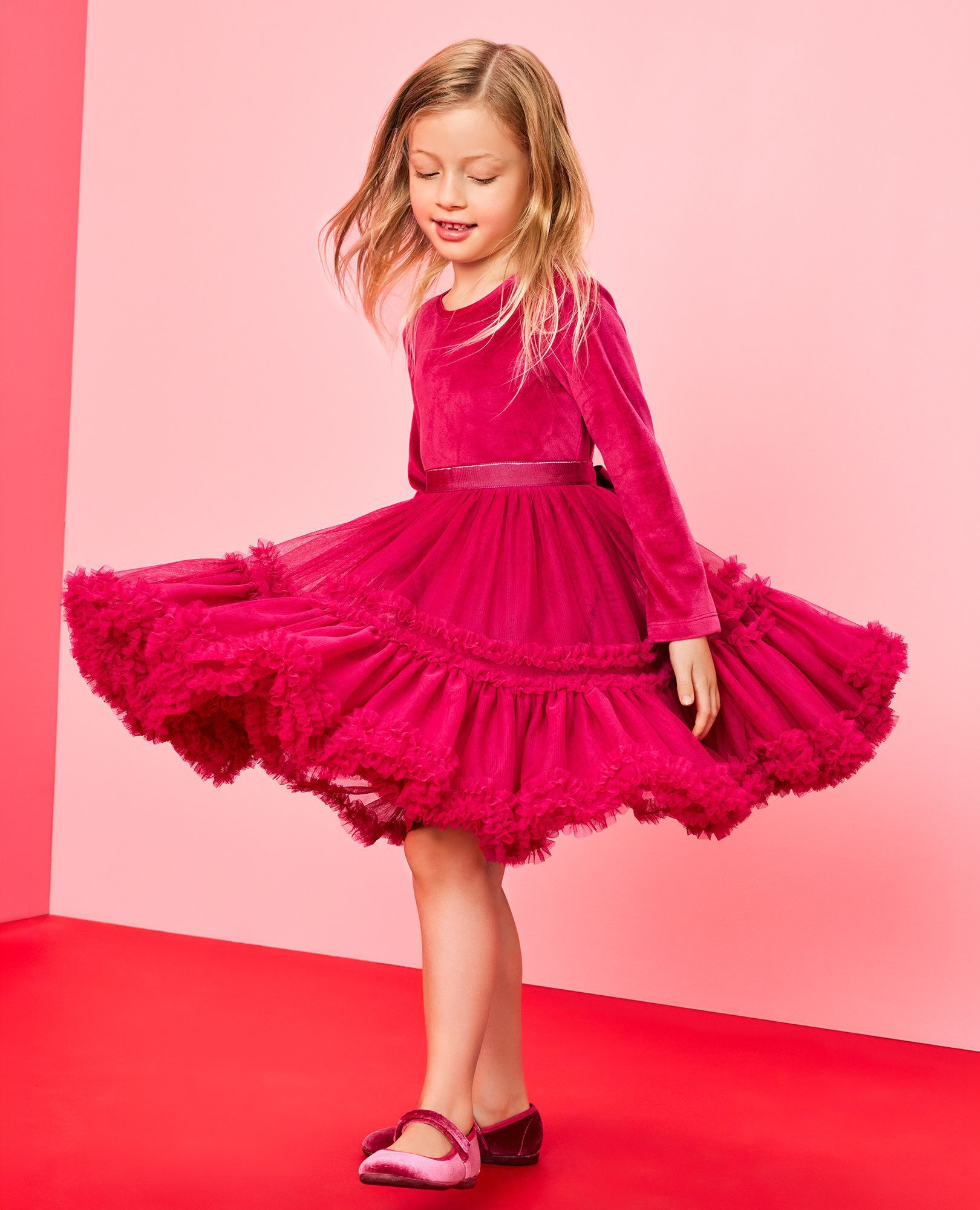 Long Sleeve Velour Tulle Tiered Dress in Raspberry - main