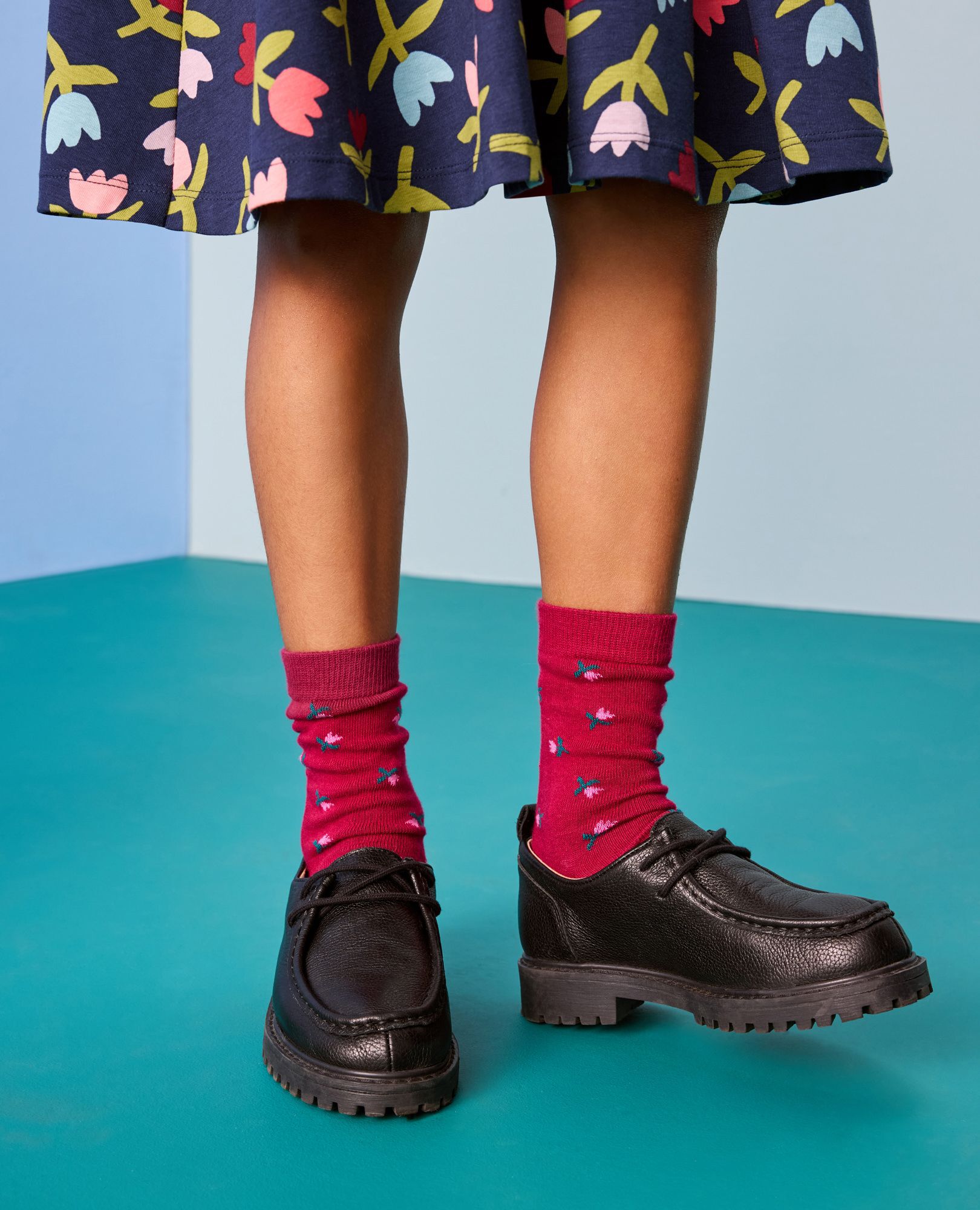 Elbow Sleeve Skater Dress with Pockets in Multi Tulips on Navy - main