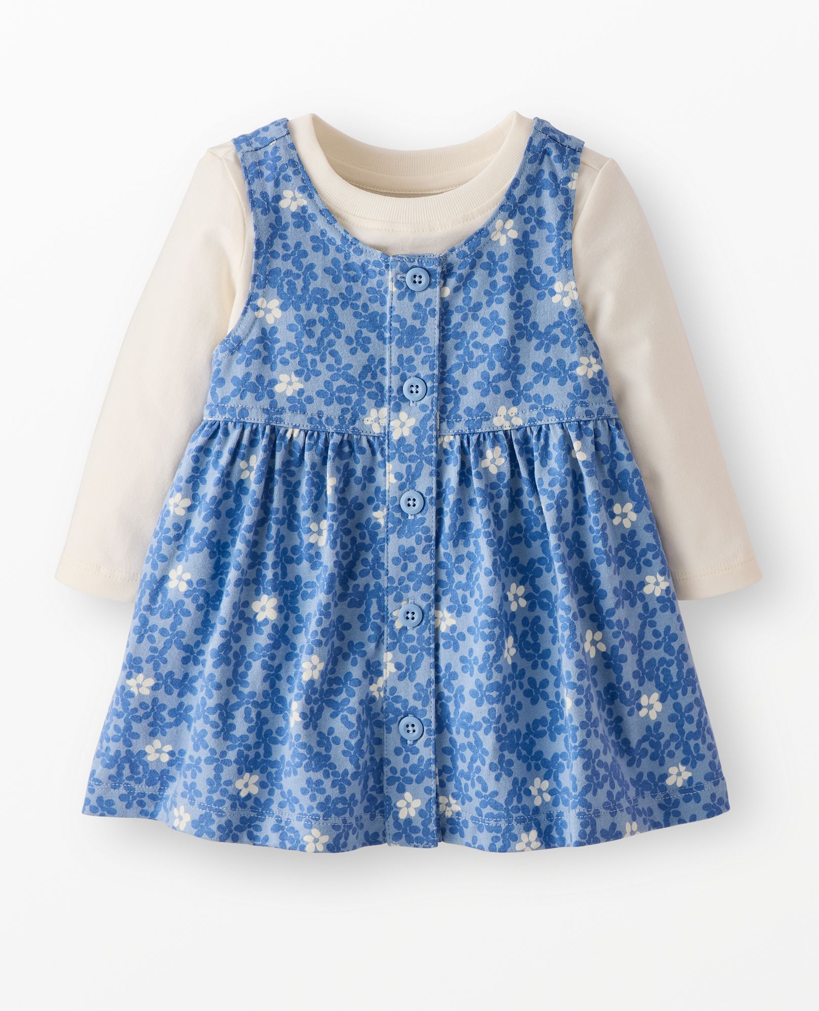 Baby Long Sleeve T-Shirt & Jumper Dress Set in Blue Flowers on Blue - main