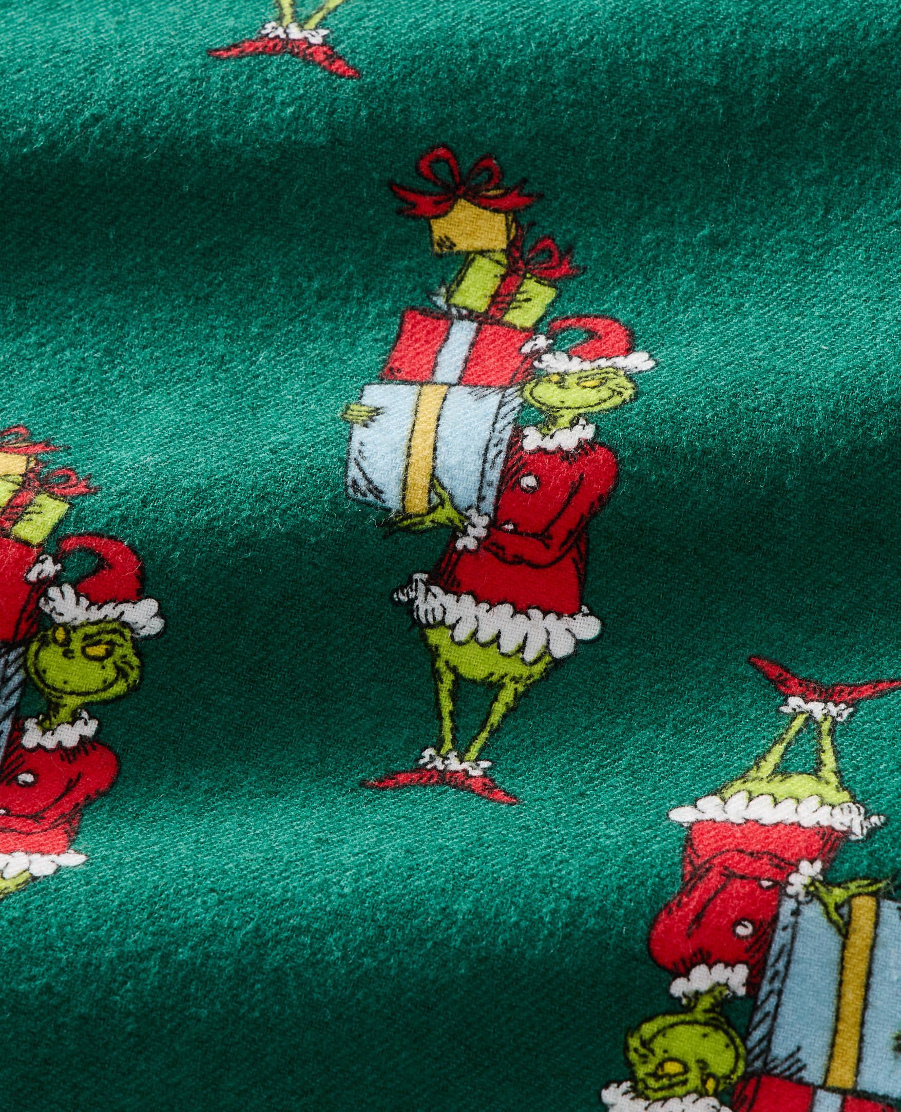 Adult Dr. Seuss Grinch Flannel Pajama Top in Grinch Presents on Green - main