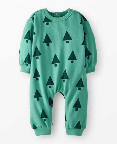 Baby Holiday Oversized French Terry Romper in Happy Green Trees on Green - main