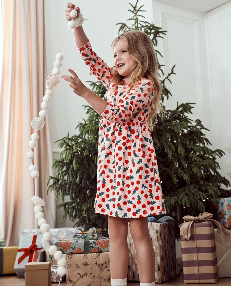 Holiday Long Sleeve Skater Dress with Pockets in Snowberries on Pink - main