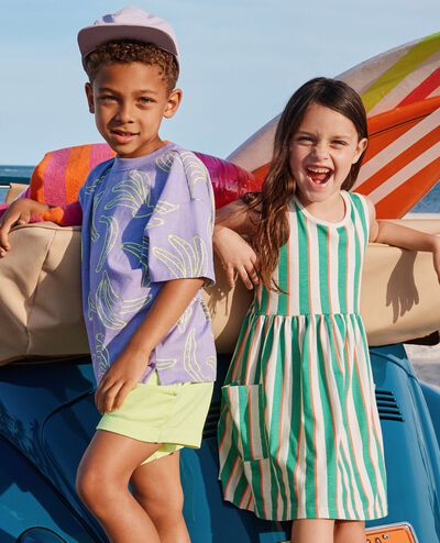 Sleeveless Playground Dress with Pockets in Go Green Multi Stripe - main