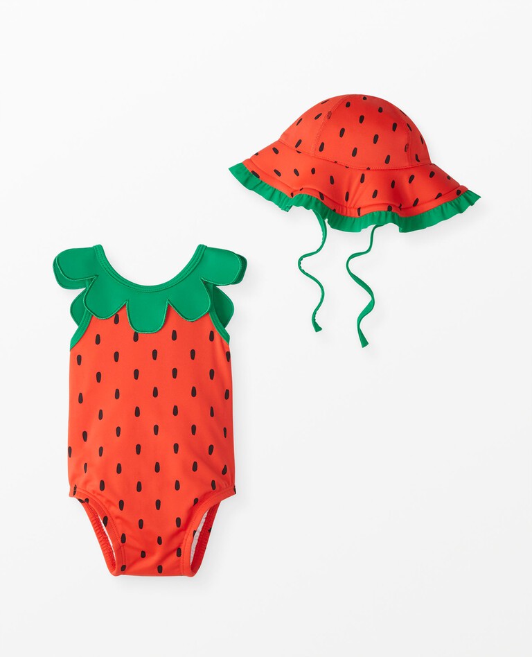 Baby Swimsuit & Floppy Sun Hat Set in Super Strawberries - main