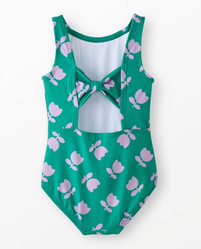 One-Piece Bow Back Swimsuit in Tossed Tulips on Green - main