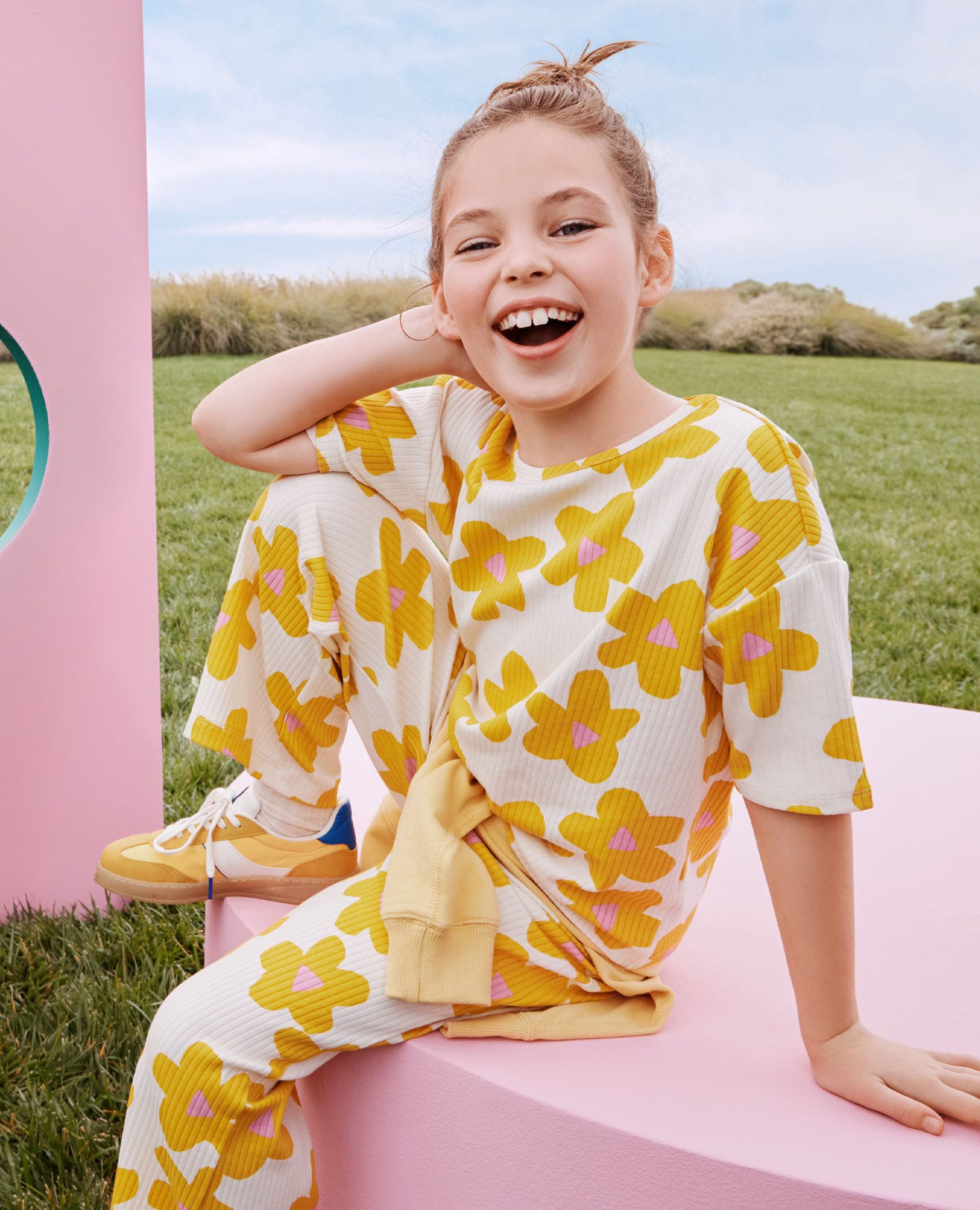 Ribbed T-Shirt & Flare Pants Set in Yellow Flowers on Ecru - main