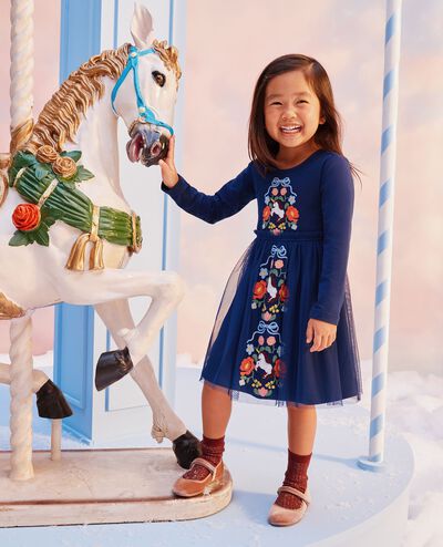 Long Sleeve Tulle Embroidered Dress in Magical Unicorn on Navy Blue - main