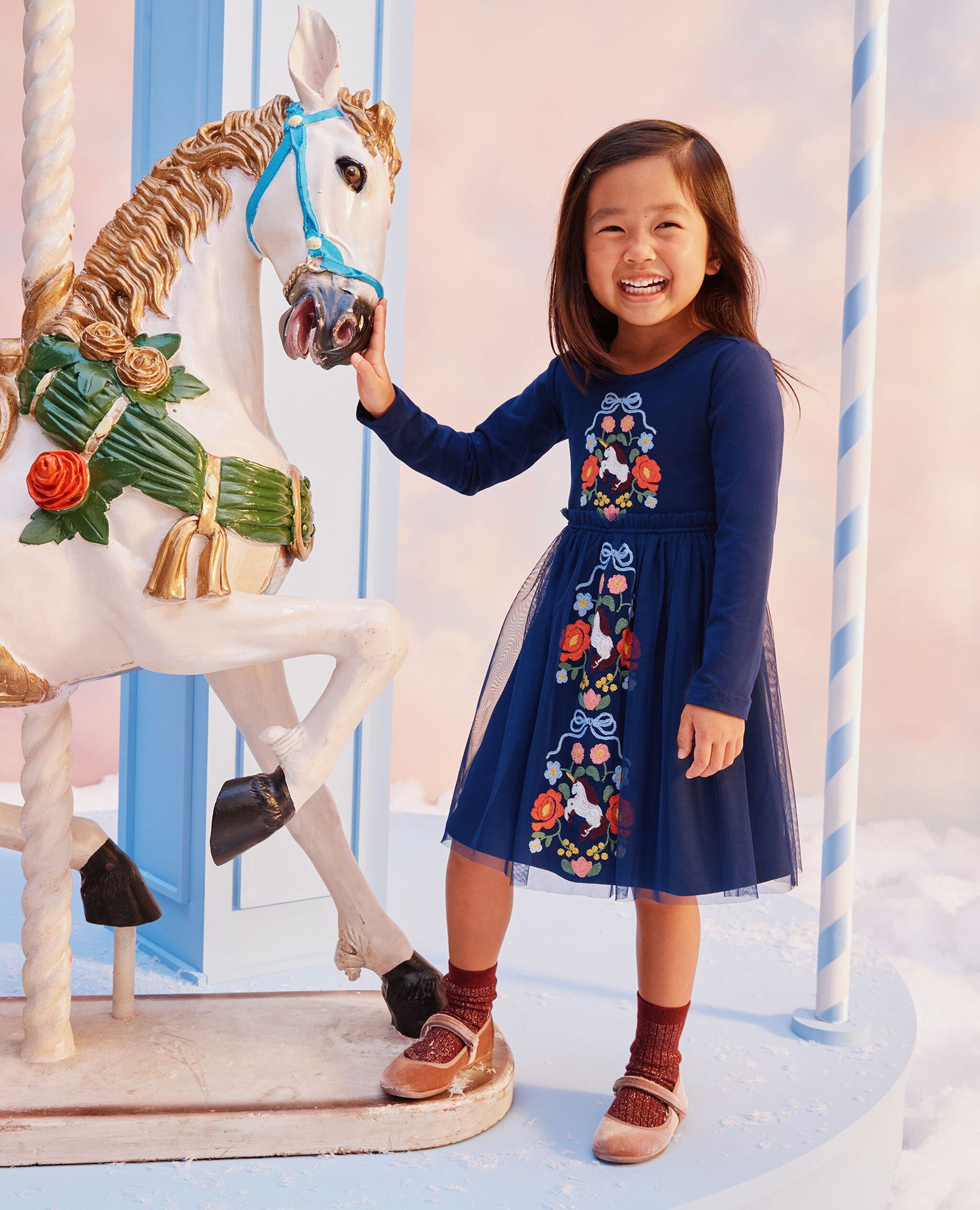 Long Sleeve Tulle Embroidered Dress in Magical Unicorn on Navy Blue - main