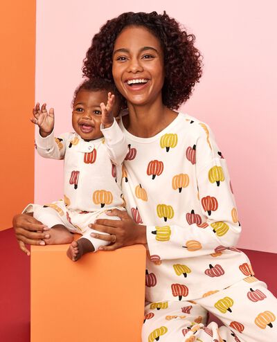 Women's Halloween Wide Leg Pajama Set in Multi Pumpkins on Ecru - main