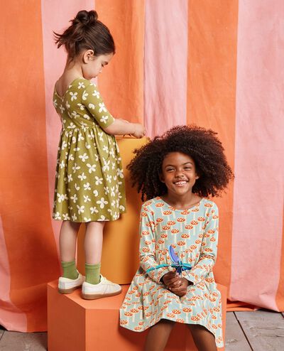 Long Sleeve Skater Dress with Pockets in Mushrooms on Seafoam - main