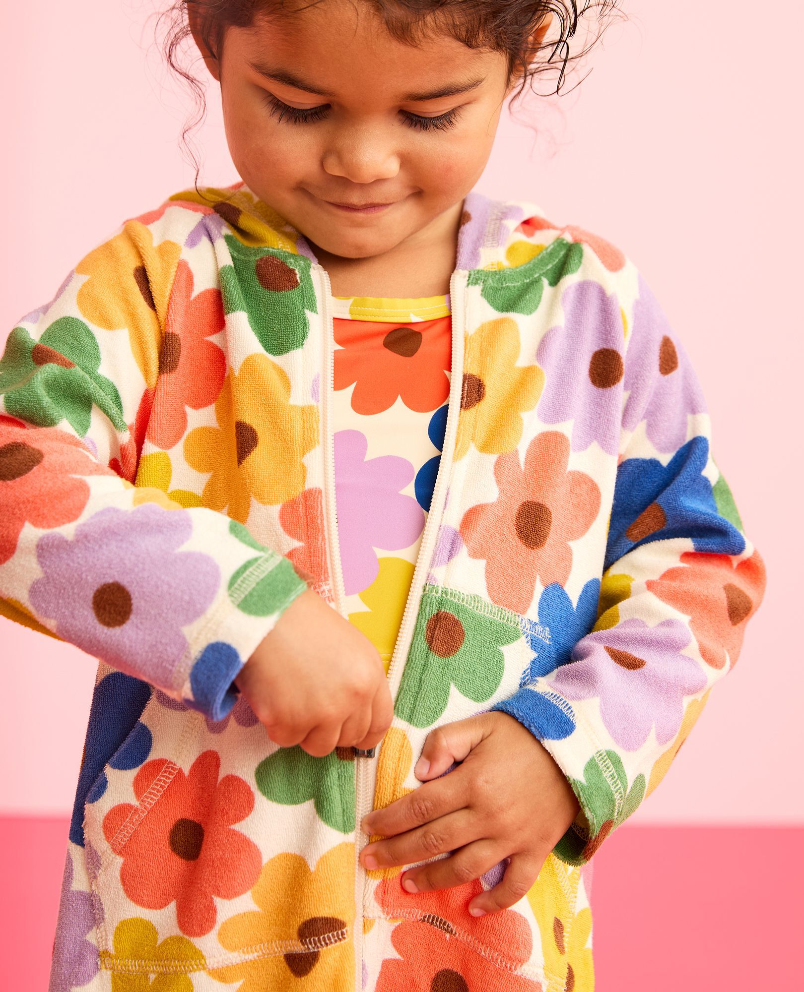 Long Sleeve Loop Terry Hoodie Cover Up in Multicolored Spring Daisies on Ecru - main