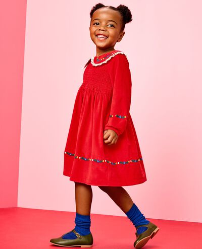 Embroidered Corduroy Dress with Pockets in Holiday Red - main