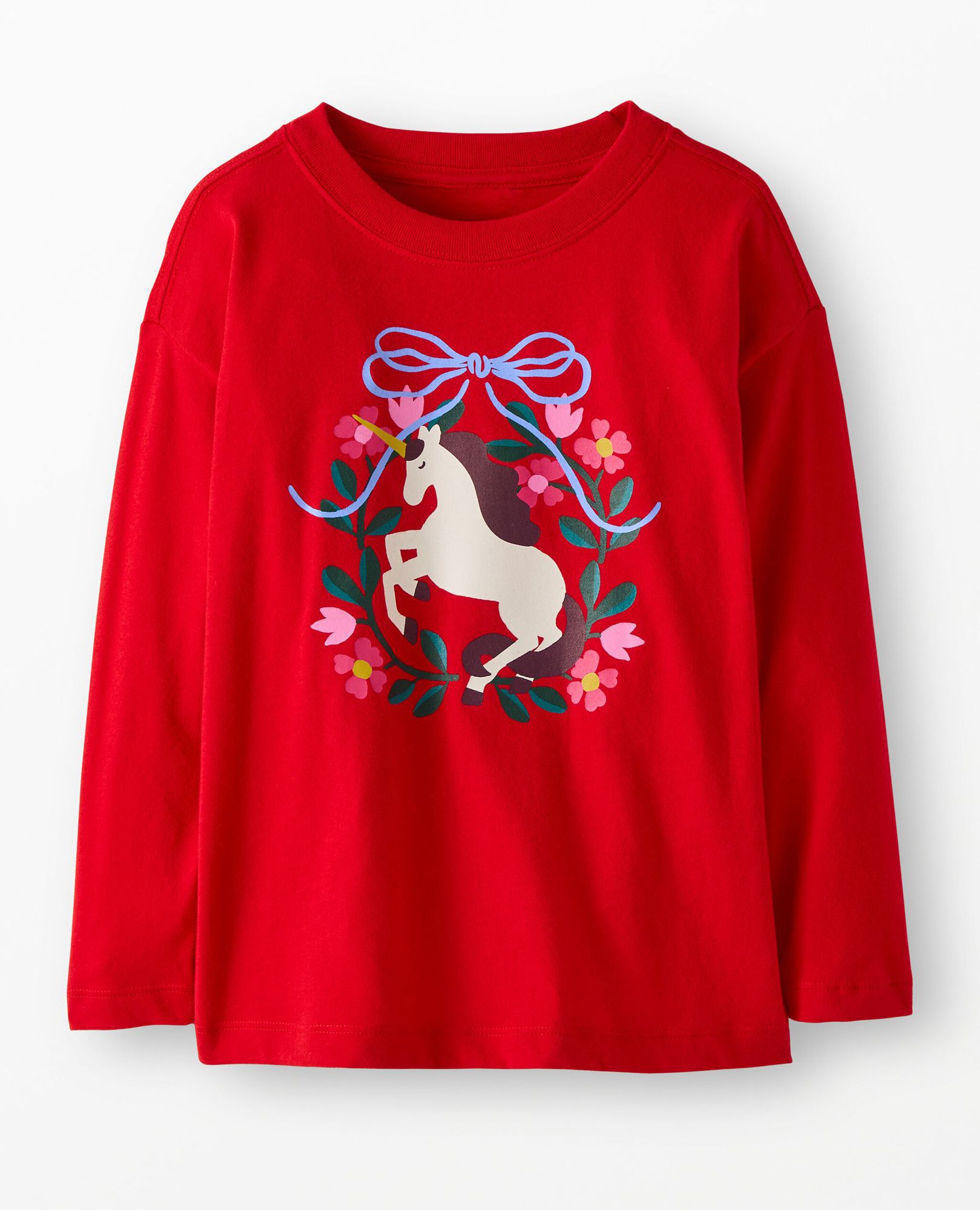 Holiday Long Sleeve Relaxed Fit Graphic T-Shirt in Magical Unicorn on Ribbon Red - main