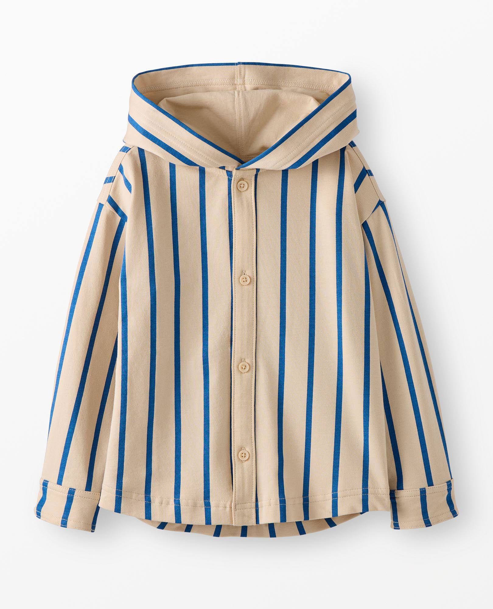 French Terry Hooded Striped Button Up Shirt in Light Oat/Shadow Blue - main