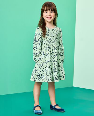 Long Sleeve Smocked Tiered Dress with Pockets in Bows on Mint Chip - main