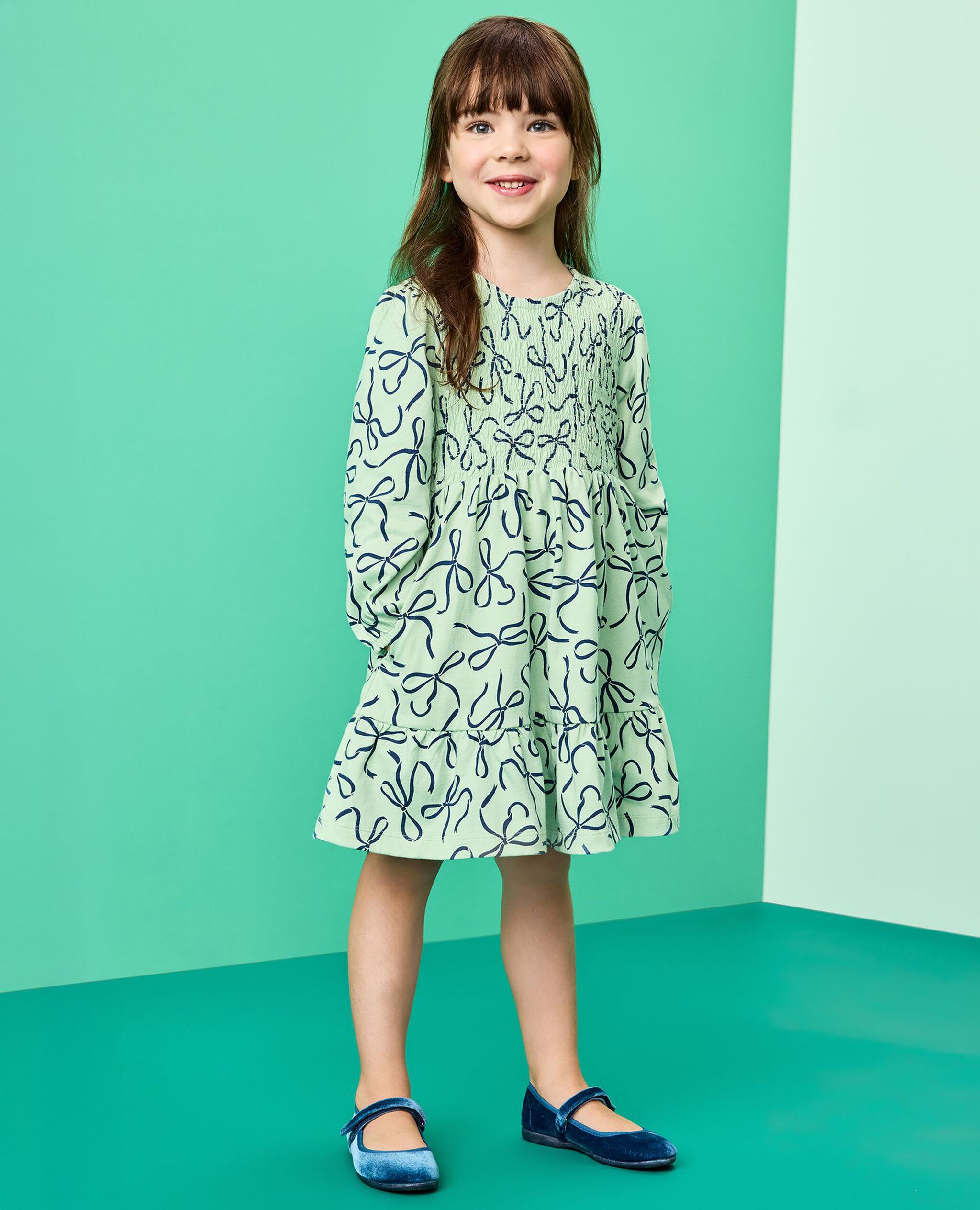 Long Sleeve Smocked Tiered Dress with Pockets in Bows on Mint Chip - main