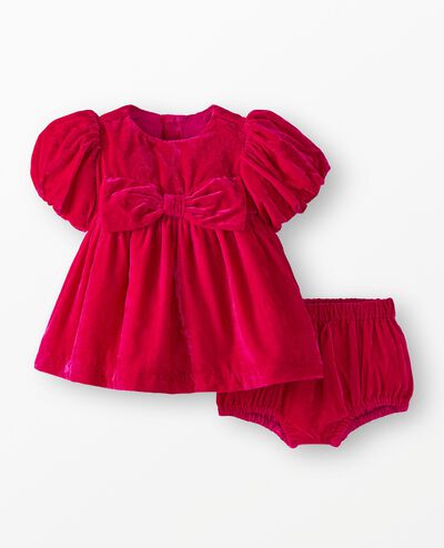 Baby Balloon Sleeve Velvet Dress & Bloomers Set in Pink Flambe - main