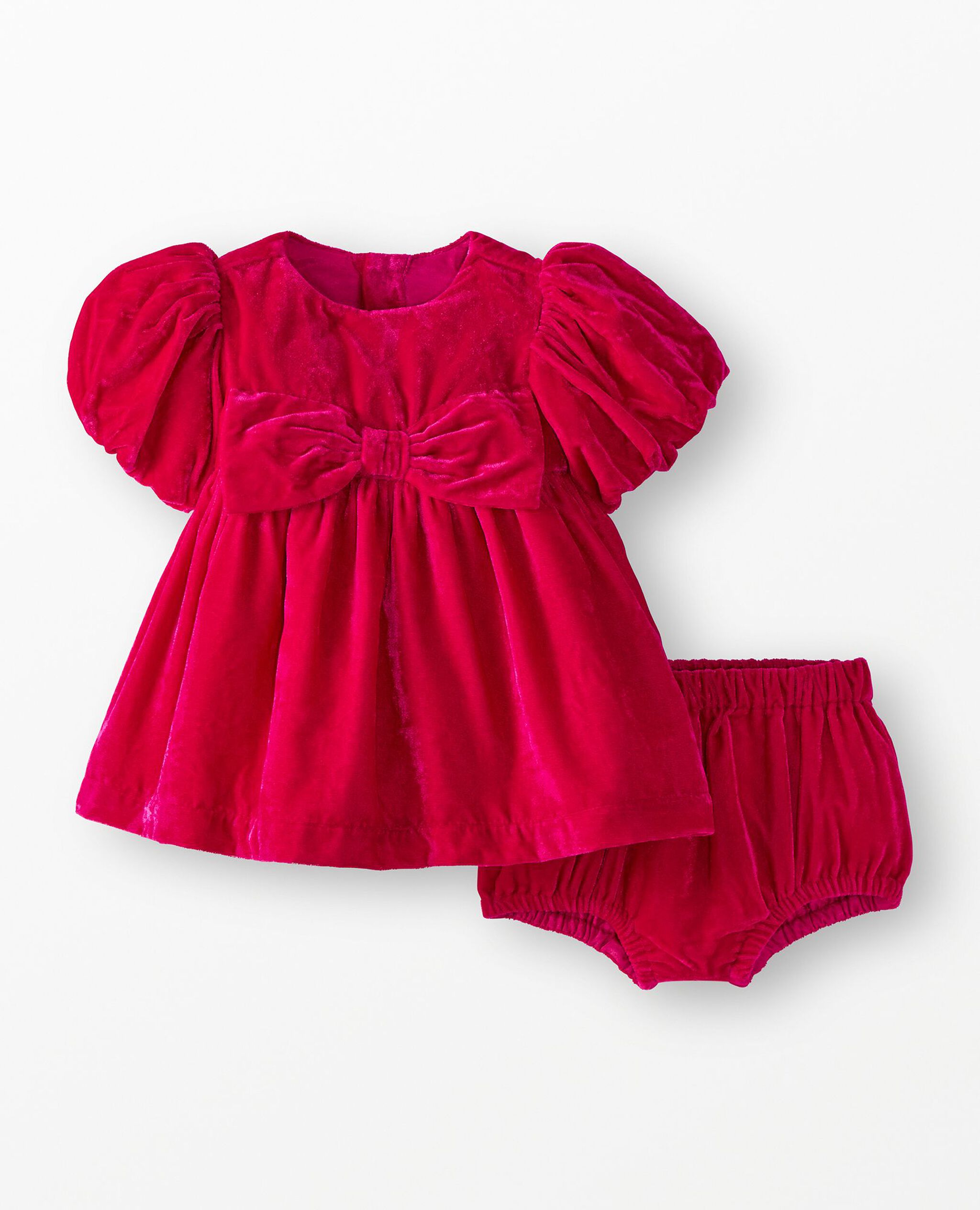 Baby Balloon Sleeve Velvet Dress & Bloomers Set in Pink Flambe - main
