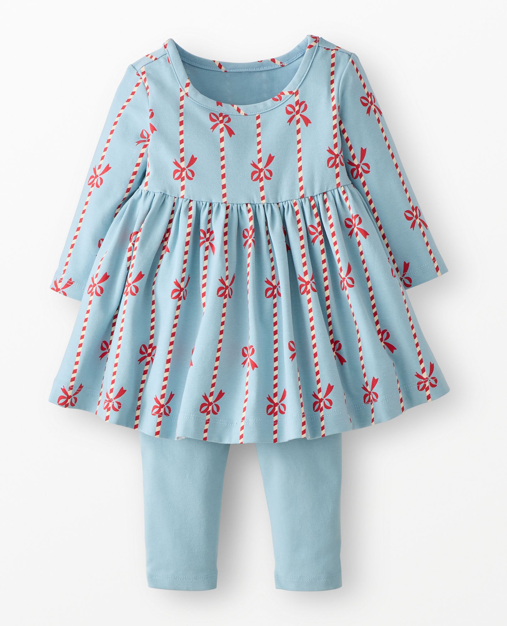 Baby Long Sleeve Skater Dress & Leggings Set in Red Bows and Ribbons on Blue - main