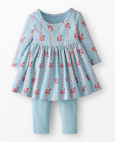 Baby Long Sleeve Skater Dress & Leggings Set in Red Bows and Ribbons on Blue - main