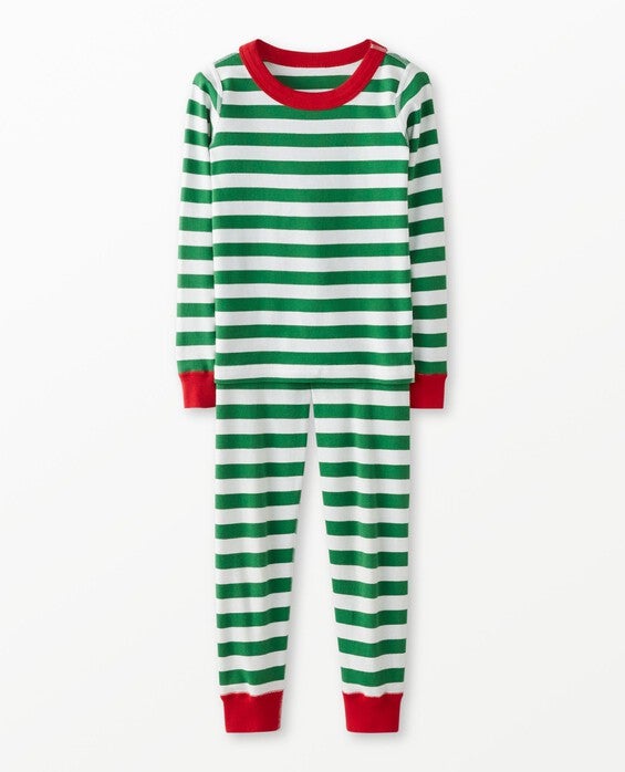 Toddler Striped Long John Pajama Set In Tree Green & White & Hanna Red - 100% Cotton - Size 3 by Hanna Andersson