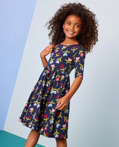 Elbow Sleeve Skater Dress with Pockets in Multi Tulips on Navy - main