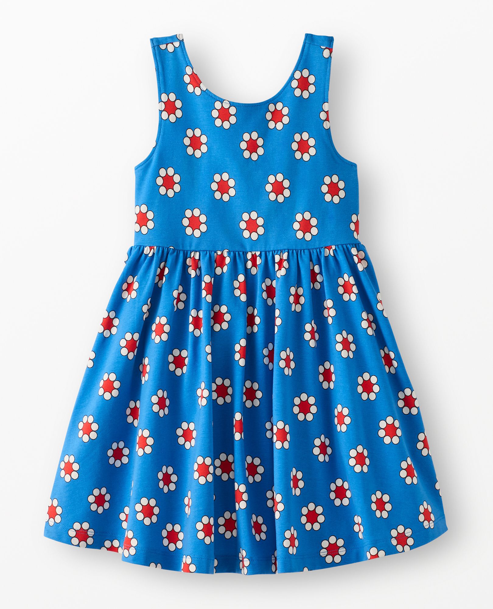 Bow Back Skater Dress with Pockets in Red Flowers on Swedish Sky - main