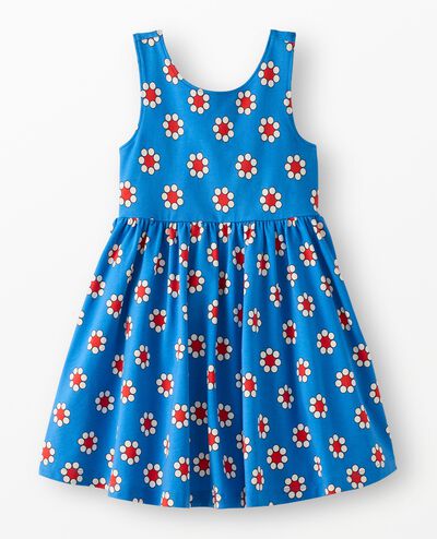 Bow Back Skater Dress with Pockets in Red Flowers on Swedish Sky - main