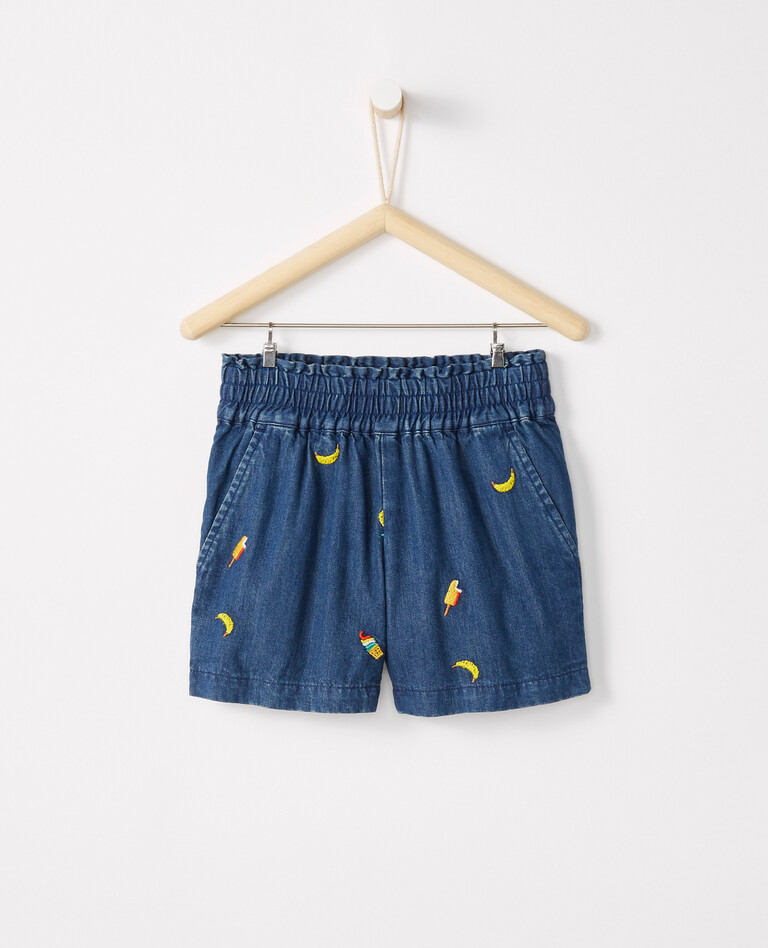 Embroidered Chambray Shorts in Medium-Dark Wash Chambray - main