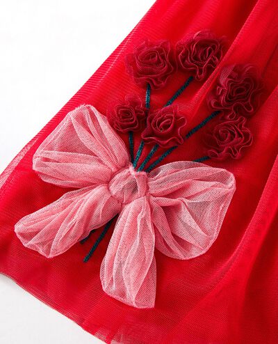 Long Sleeve Tulle Embroidered Dress in Rose Bouquets on Ribbon Red - main