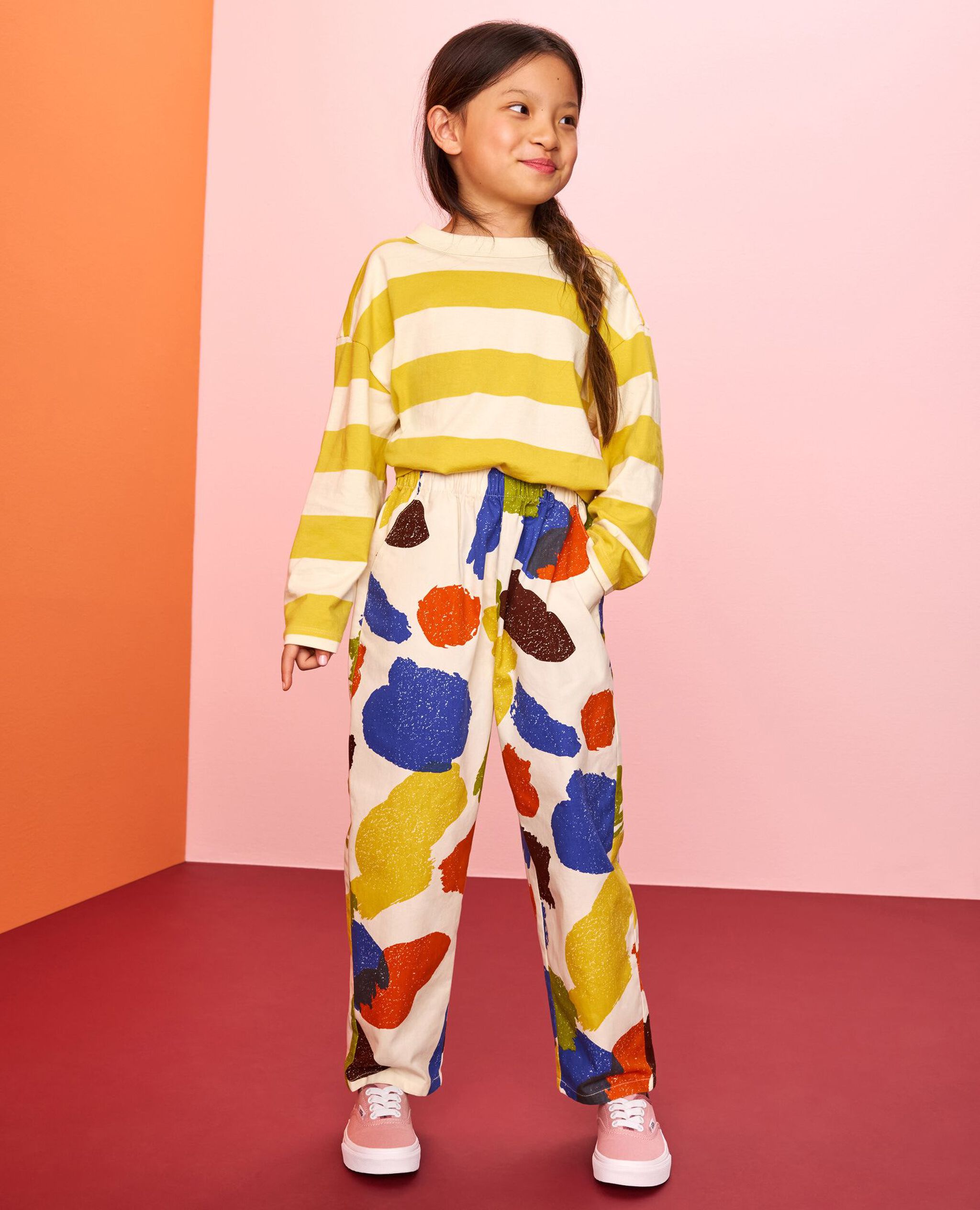 Twill Pull-On Barrel Pants in Paint Splatter on Ecru - main