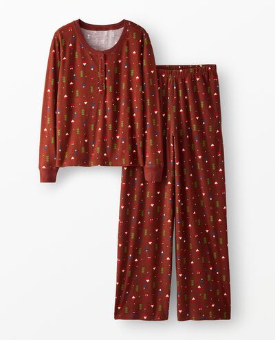 Women's Holiday Long Sleeve Waffle Henley Pajama Set in Forest Gnomes on Brown - main