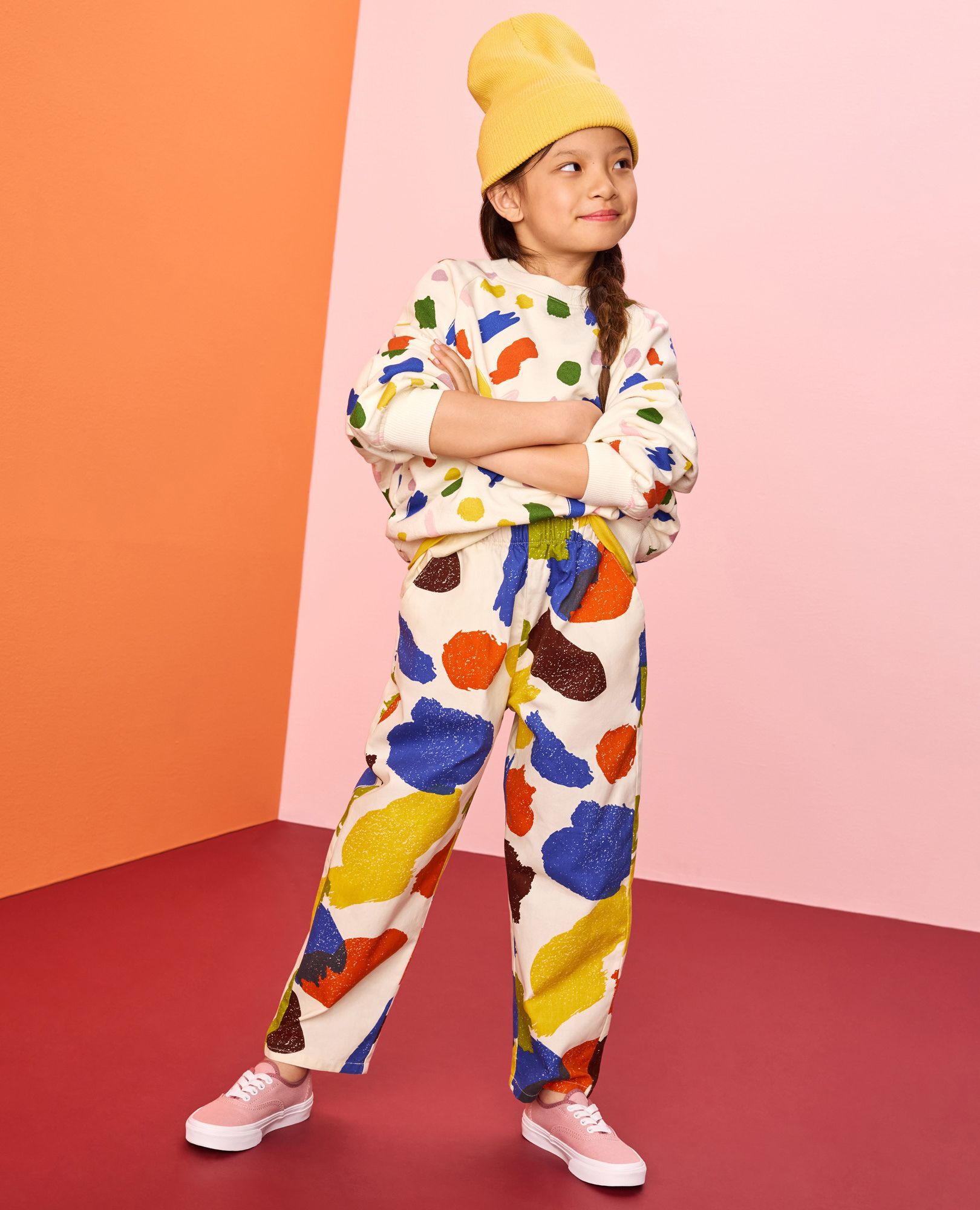 Twill Printed Barrel Pants in Paint Splatter on Ecru - main