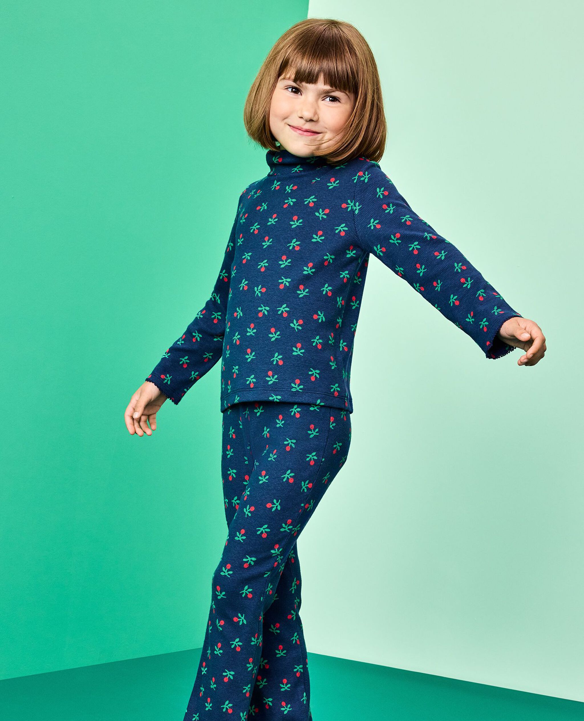 Long Sleeve Turtleneck Top & Flare Pants Set in Sweet Holiday Floral on Midnight Blue - main