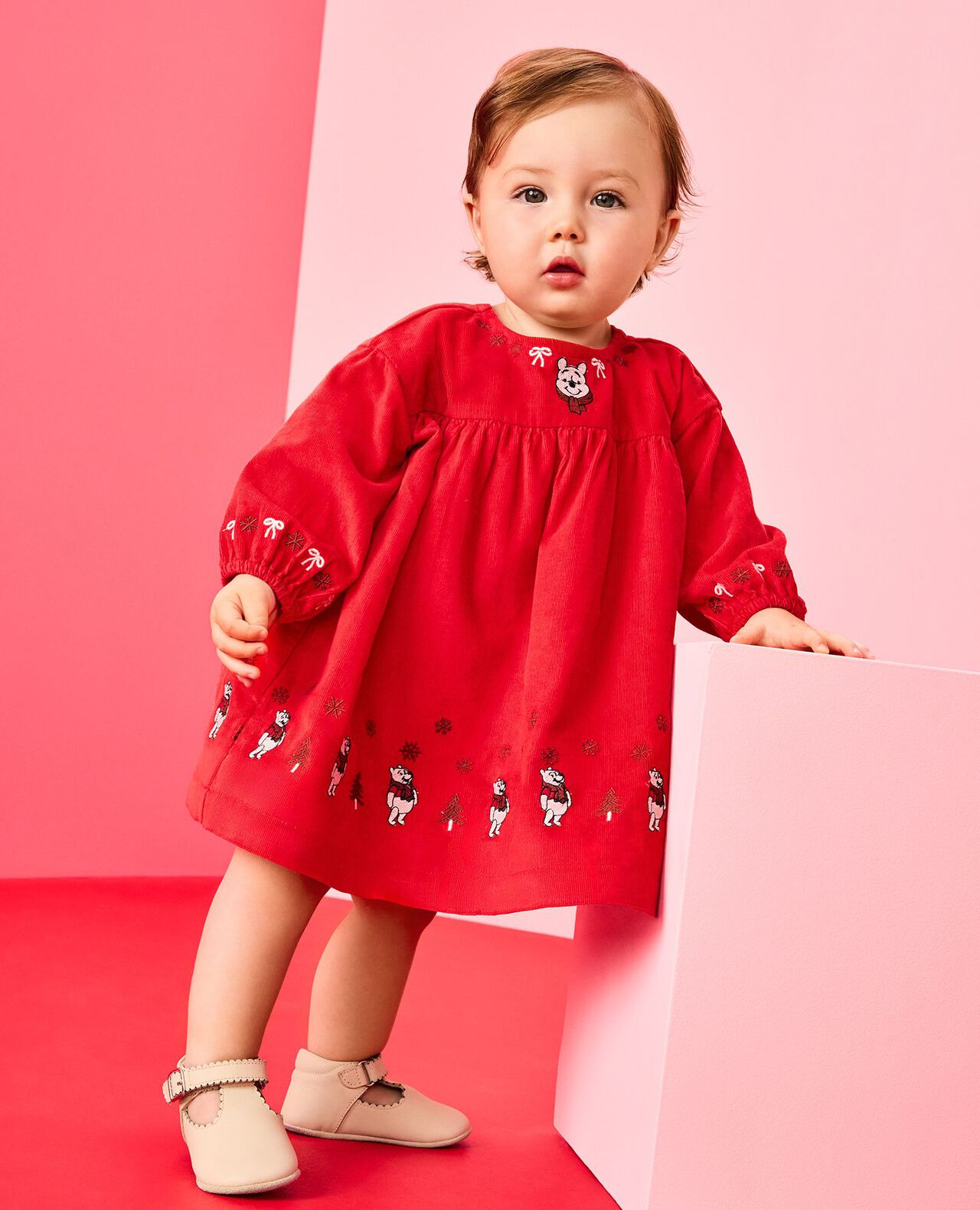 Baby Disney Winnie the Pooh Holiday Corduroy Dress in Winnie the Pooh and Piglet on Red - main