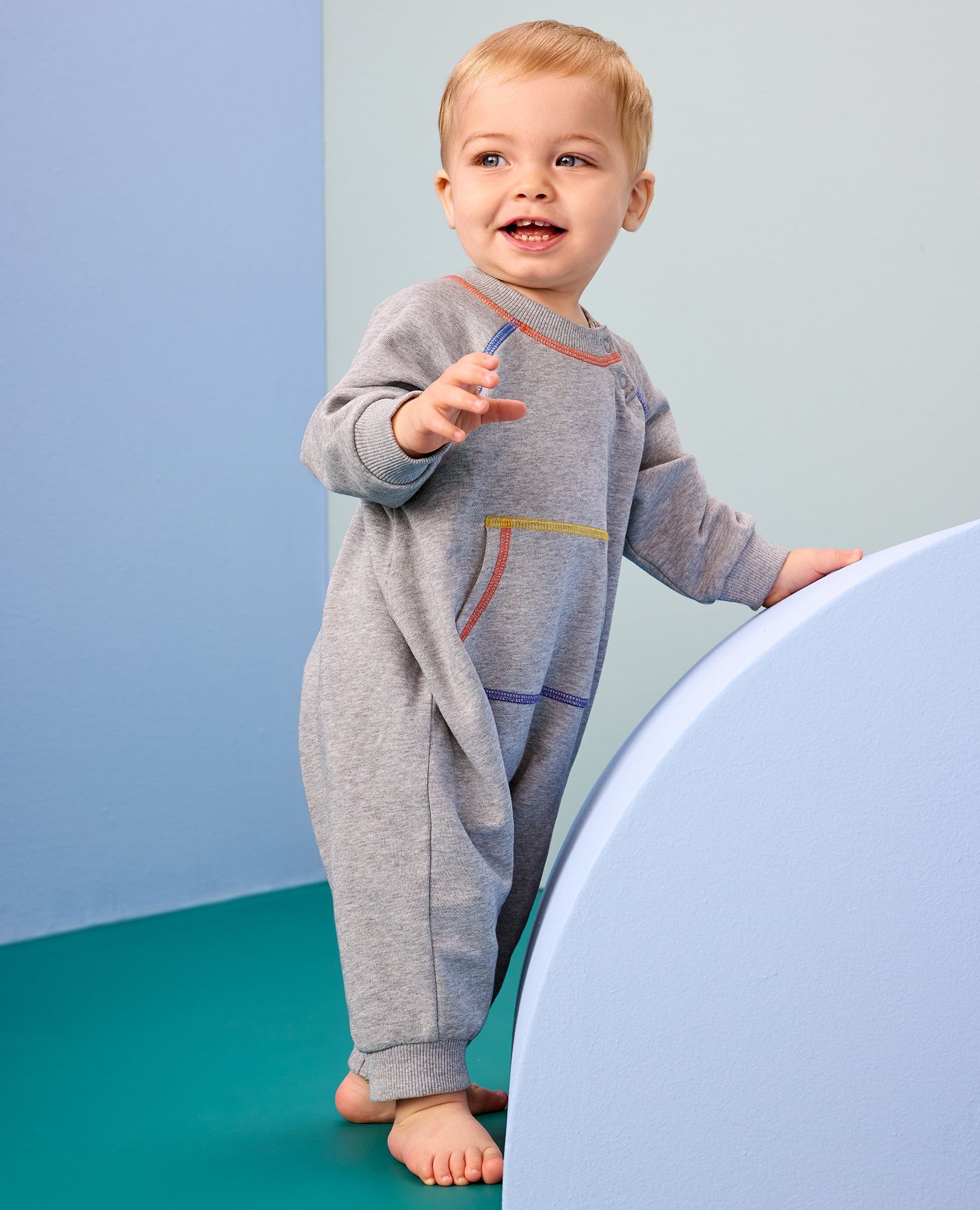 Baby French Terry Romper in Heather Grey with Rainbow Stitching - main