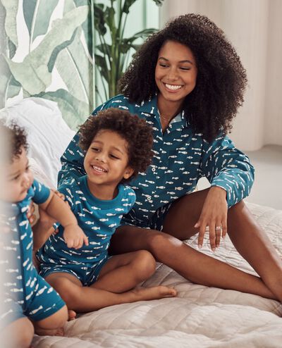 Women's Long Sleeve Poplin Pajama Set in School of Fish on Atlantic Blue - main