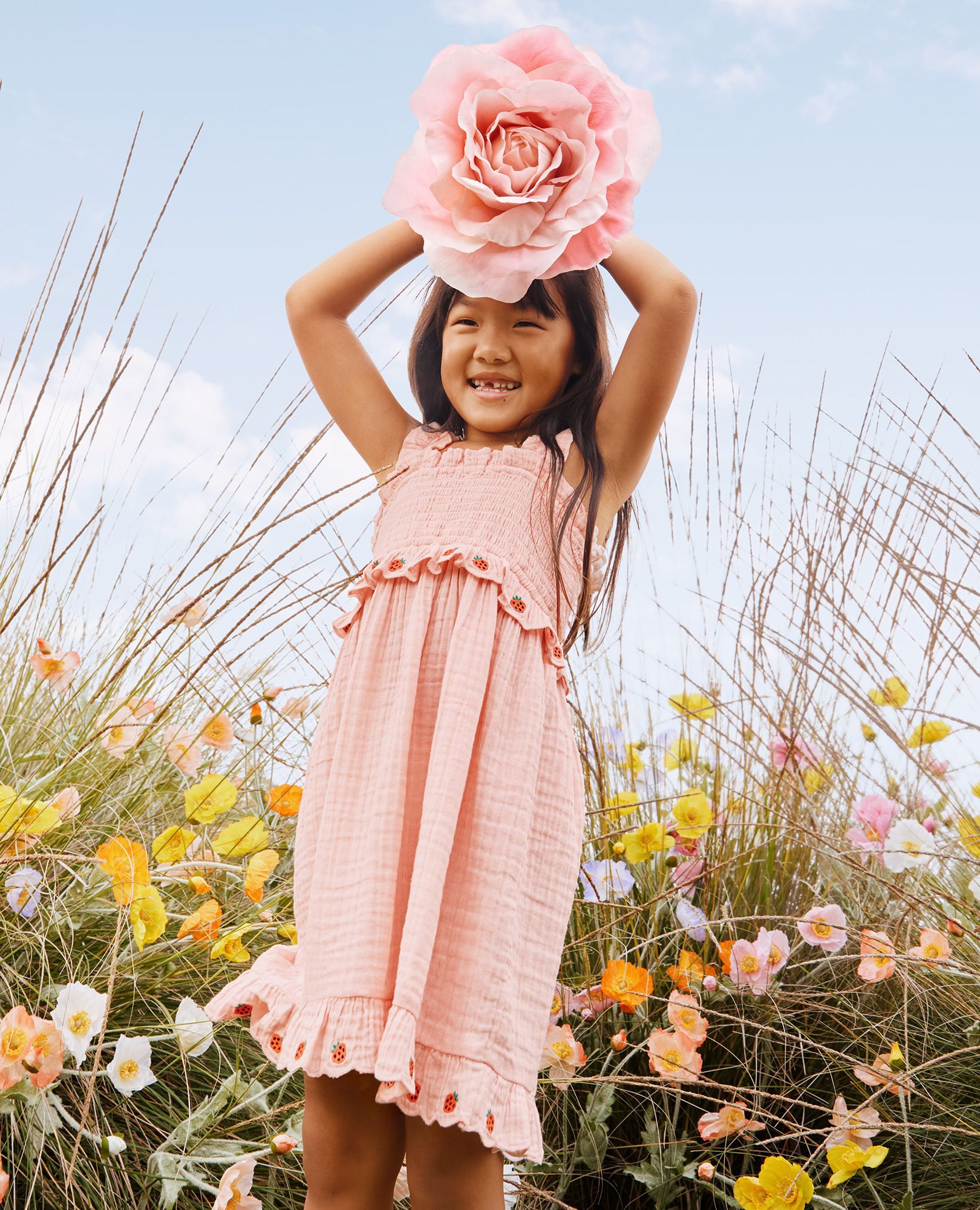Sleeveless Smocked Muslin Dress in Pink Cream - main