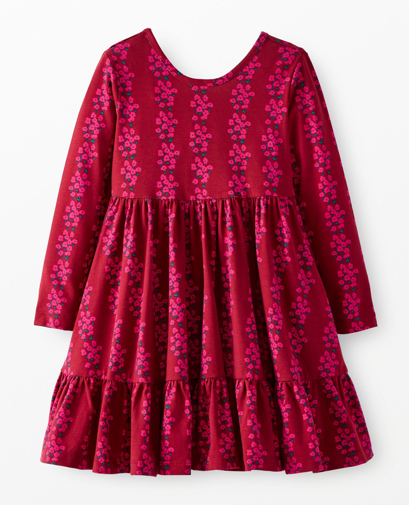 Long Sleeve Ruffle Skater Dress with Pockets in Flower Rows on Beet Red - main