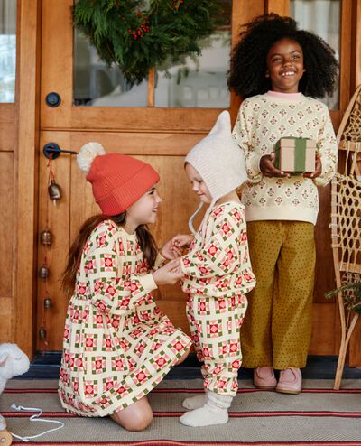 Balloon Sleeve Waffle Dress with Pockets in Quilted Stars on Almond Oil - main