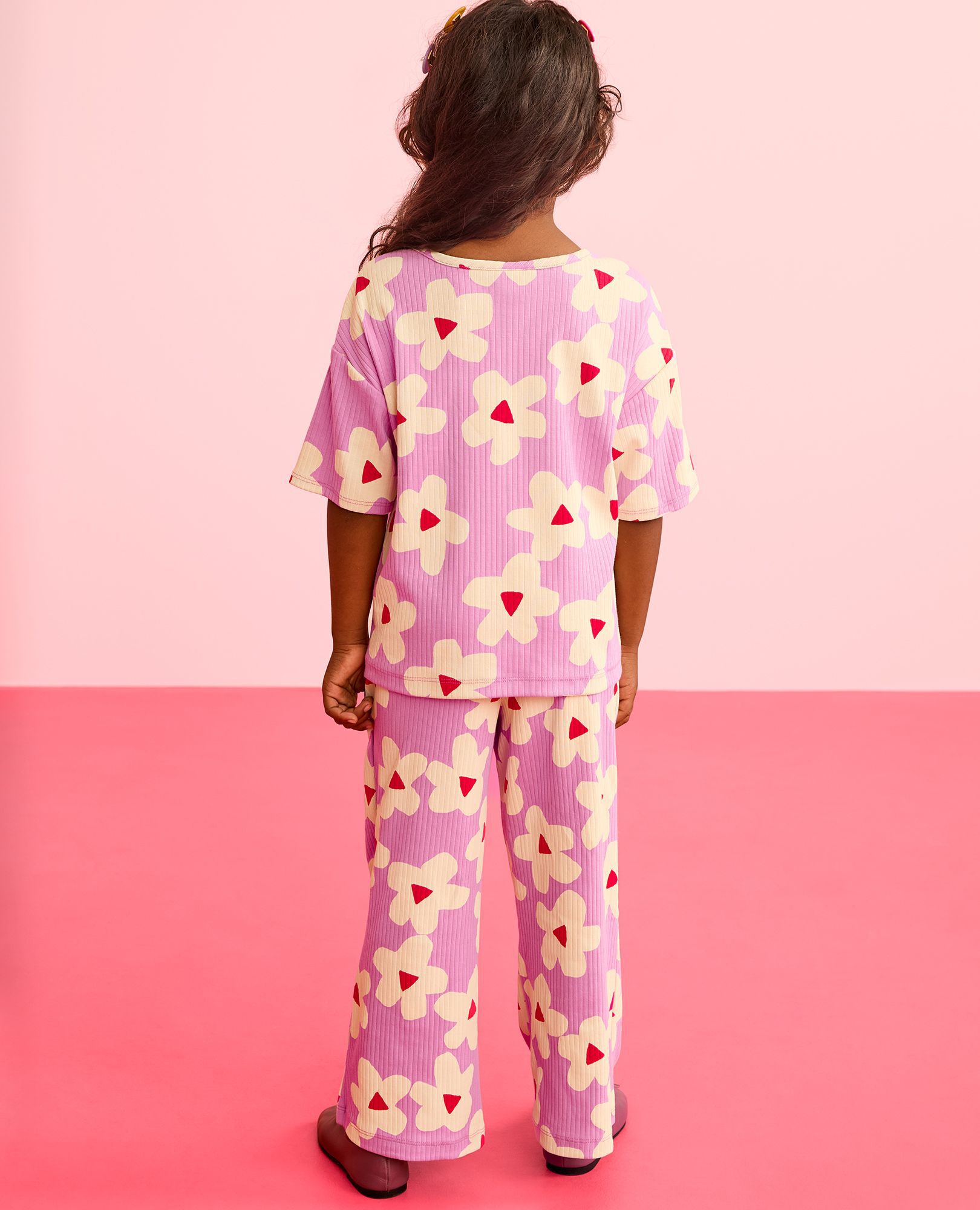 Ribbed T-Shirt & Flare Pants Set in White Flower on Pink - main