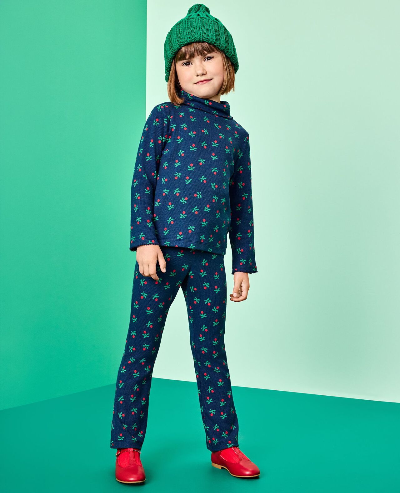 Long Sleeve Turtleneck Top & Flare Pants Set in Sweet Holiday Floral on Midnight Blue - main